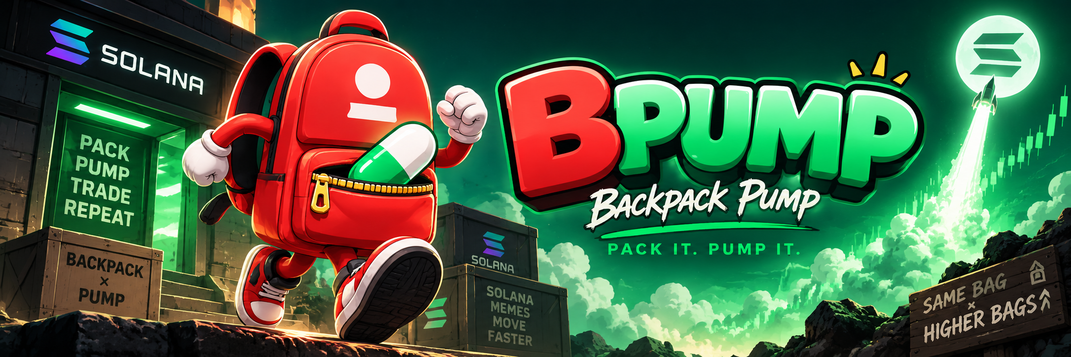 Backpack Pump banner: the mascot running from a Solana shop toward a green BPUMP rocket. Pack it. Pump it.