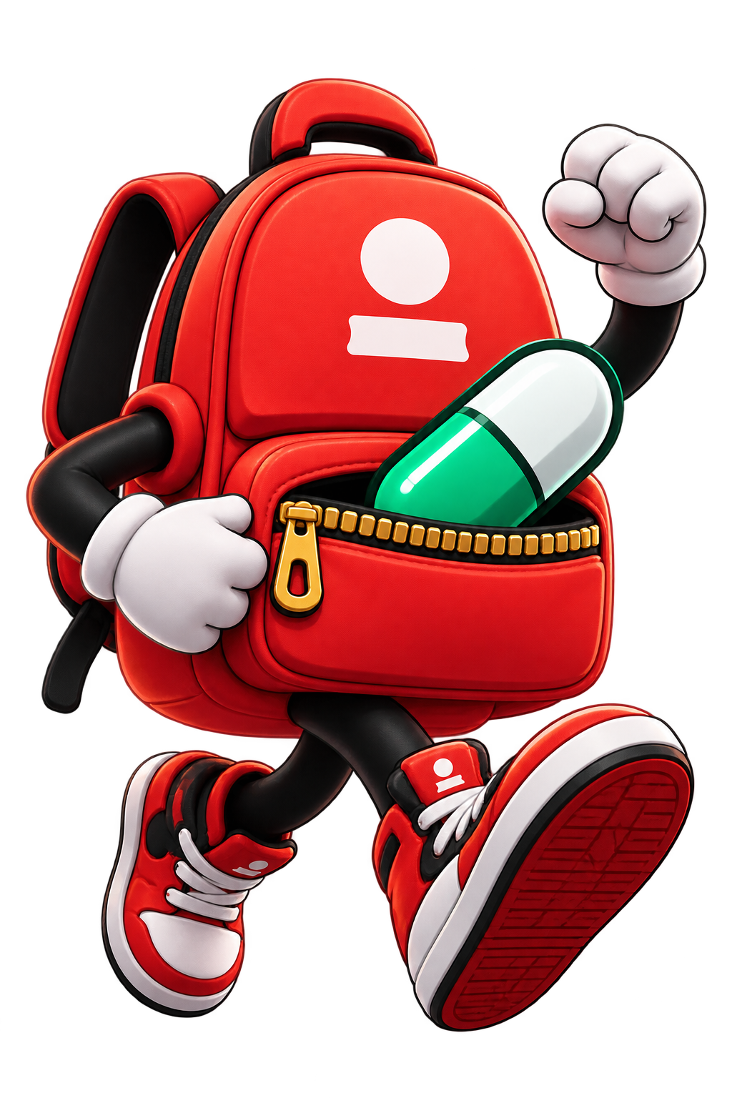 Backpack Pump mascot: a red backpack with a green capsule in its zipper pocket, running in sneakers.